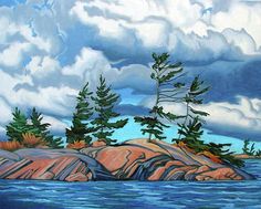 an oil painting of some trees and rocks in the water with cloudy skies above them