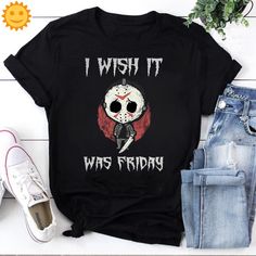 Product details: ✔️ NAME: Jason Voorhees I Wish It Was Friday Vintage T-Shirt, Halloween Shirt, Horror Movie Shirt, Jason Voorhees Shirt, Friday The 13th Shirt ✔️ IMPORTANT NOTE: Both Men and Women can we our shirts because this is unisex style t-shirts;  Wash item inside out in cold water, do not bleach, do not dry clean, do not iron directly on the design. ✔️ MATERIAL: 5.3-ounce, 100% cotton (99/1 cotton/poly (Ash) & 90/10 cotton/poly (Sport Grey); Heavyweight classic unisex tee; Taped neck and shoulders; Tearaway label; Decoration type: Digital Print ✔️ OUR DESIGN PRODUCTS: Each One are designed and sold in limited quantities. The designs are created by our incredibly talented in house graphic art team who often hand draw and illustrate each Tee shirt design. ✔️ SIZE CHART: Please refer Halloween Fan Merchandise T-shirt With Sublimation Print, Black Horror T-shirt With Funny Print, Halloween Fan Apparel T-shirt, Black Pop Culture T-shirt For Halloween, Halloween Graphic Print Fan Apparel Tops, Black Novelty Crew Neck Shirt, Black Crew Neck Novelty Shirt, Horror Graphic Print Tops For Fan Merchandise, Halloween Pop Culture T-shirt With Funny Print