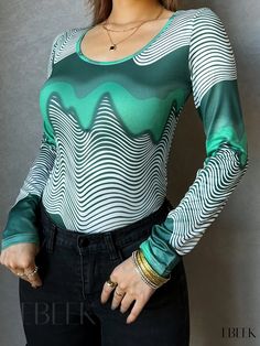 Ebeek - Contemporary Striped Print Color Block Bodysuit with Square Neck and Long Sleeves - Womens Casual Wear Green Stretch Long Sleeve Bodysuit, Green Long Sleeve Stretch Bodysuit, Trendy Green Stretch Bodysuit, Printed Long Sleeve Bodysuit For Parties, Stretch Long Sleeve Bodysuit With Graphic Print, Green Long Sleeve Bodysuit For Fall, Green Fitted Long Sleeve Bodysuit, Fitted Long Sleeve Green Bodysuit, Trendy Printed Fitted Bodysuit