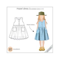 "Description: Girls sleeveless dress with front buttons, gathered skirt and front pockets.  The Patterns are in REAL SIZE, DIGITALIZED ready to download, print and use! Fabric suggestion: Medium weight woven fabric eg. Poplin , Homespun , Linen, Light twill, seer sucker, gingham Sizes: 3, 4, 5, 6, 7, 8, 10 Refer to size guide https://www.kidspatternco.com/size-guide The pack includes ALL SIZES Download Size guide The 'zip' file includes: patttern sewing instructions garment measurements trim inf Dress With Front Buttons, Dress Pdf Pattern, Baby Kimono, Kids Ethnic Wear, Fashion Silhouette, Rompers For Kids, Baby Girls Dresses, Sewing Instructions, Sewing Patterns For Kids