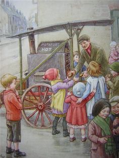 a painting of people standing around a wagon