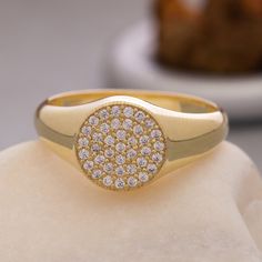 ★Signet Band Pave Ring, 14K Solid Gold Pave Signet Ring, Sterling Silver Signet Ring, Round Pave Ring, Mother's Day Gift,Valentine's Day Gift★ ★ IMPORTANT SHIPPING & PRODUCTION DETAILS!! ★ RINGS: All rings are made to order at the selected size requested during checkout. I do not use a formula to determine ring sizing for wide bands (Unless noted within the listing) so if you select a size 6 and purchase 8-10 rings each ring will rest at the US ring size 6. All rings made at US ring sizes though Stamped 14k Diamond Promise Ring, Gold Cluster Ring For Promise, Gold Cluster Ring For A Promise Occasion, Heirloom Rings With Pave Setting As Gift, Heirloom Style Rings With Pave Setting As Gift, Heirloom Ring With Pave Setting As Gift, Anniversary Signet Ring With Halo Setting, Promise Diamond Ring Stamped 14k, Elegant Signet Ring With Pave Setting As Gift