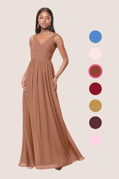 a woman in a long brown dress standing next to different color swatches and colors