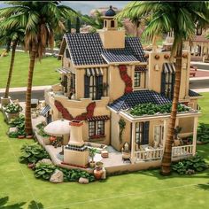 an artist's rendering of a house with palm trees in the front and side