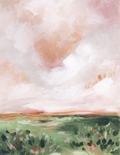 an abstract painting with green grass and pink clouds