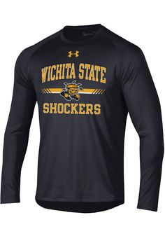 Keep cool while showing your Wichita State Shockers spirit in this Black Tech T-Shirt. This Long Sleeve is the perfect Tee for working out, heading to class, or cheering on the Shockers. Featuring a team name and logo with sublimated line screen printed on front chest, there's no mistaking your Wichita State Shockers pride in this Shockers Tech T-Shirt! Shirt Layout, Under Armour Tshirt, School Apparel, The Shocker, Spirit Store, School Spirit Shirts, University Tshirt, Shirt Graphics, Tech T Shirts