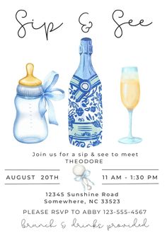 a blue and white baby shower party with sippy & see bottles on the side