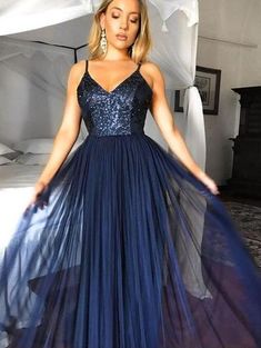 Navy Formal Dress, Navy Blue Prom Dress, Twirling Dress, Sparkle Prom Dress, Navy Prom Dresses, Sequin Evening Gowns, Spaghetti Strap Prom Dress, Dresses Lace, Tulle Prom Dress