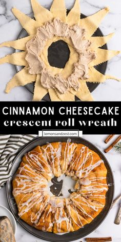 cinnamon cheesecake in a cast iron skillet on a marble counter top with the title above it