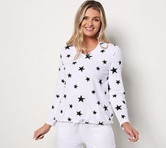 Brighten up your day (or night!) with this star-printed hoodie. Its V-neckline and comfy feel keep you stylish and cozy. Also... the drawstring at the waist is a gamechanger. From Quacker Factory®.\n\nOriginal item is A493082. This product may be a customer return, vendor sample, or on-air display and is not in its originally manufactured condition. It may not be new. In some instances, these items are repackaged by QVC. Oversized Cotton Sweatshirt With Star Print, Cotton Long Sleeve Sweatshirt With Star Patch, Casual Crew Neck Sweater With Star Print, Sporty Cotton Sweatshirt With Star Print, Star-shaped Cotton Sweatshirt For Winter, Star Black, Blouse Styles, Star Print, Hoodie Print