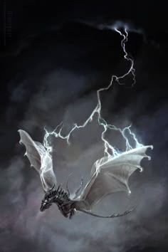 a white dragon flying through the sky with lightning in it's back legs and wings