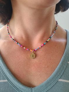 Personalize this seed bead necklace with gold hexagon shaped initial for a great gift or necklace for your jewelry box!  Choose from tons of colorful seed bead necklaces and add initial of your choice. See Photos for Options. More Initial Gifts - https://www.etsy.com/shop/DistinctlyIvy?ref=l2-shopheader-name&search_query=initial Handmade in our shop and packaged with care in a DistinctlyIvy gift box (see last photo). SHIPS in 1 Business Day! RETURN POLICY / SATISFACTION GUARANTEE Our #1 Priority Bohemian Gold Necklaces With Letter Beads, Gold Beaded Necklaces With Letter Beads For Beach, Custom Initial Necklace, Initial Gifts, Fun Beach, Minimal Necklace, Bead Necklaces, Personalized Gifts For Mom, Name Jewelry