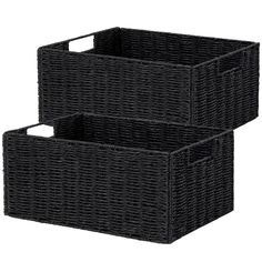 two black wicker baskets sitting next to each other