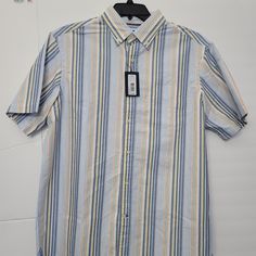 Cremieux Multi Stripe Oxford Vertical Stripe Print Short-Sleeve Woven Shirt Cremieux, This Shirt Features: Vertical Stripes Button-Down Collar Short Sleeves Button-Front Closure Shirttail Hem Oxford Cotton Machine Wash Classic Striped Short Sleeve Shirt For Spring, Classic Fitted Blue Short Sleeve Shirt, Blue Fitted Short Sleeve Shirt Classic Style, Vertical Stripes, Button Down Collar, Stripe Print, Shirt Color, Blue Gold, Printed Shorts