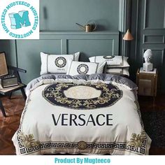 an image of a bed with versa written on the comforter and pillowcases