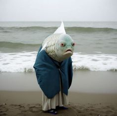 a fish that is standing in the sand near the ocean with a scarf around it's neck