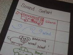 a paper with writing on it that says sound safari and firetruck sirens wind