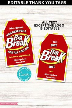 two red tags with the words big break on them, and an extra printable sticker