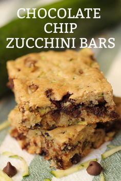 chocolate chip zucchini bars stacked on top of each other with the title overlay