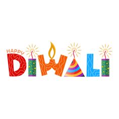 happy diwali greeting card with colorful candles and confetti on white background