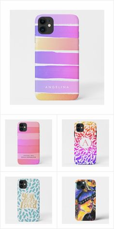 four different phone cases are shown with the same color and pattern as well as text