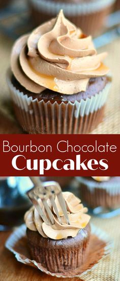 chocolate cupcakes with peanut butter frosting on top and the words bourbon chocolate cupcakes above them