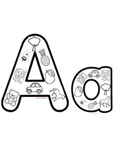 the letters are outlined in black and white with pictures of animals, cars, and flowers