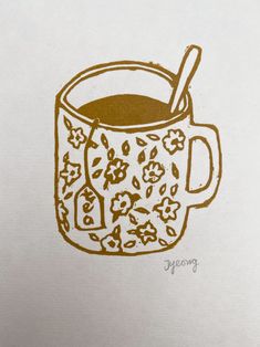 a drawing of a coffee mug with a spoon in it