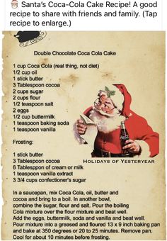 an old recipe for santa's coca - cola cake recipe