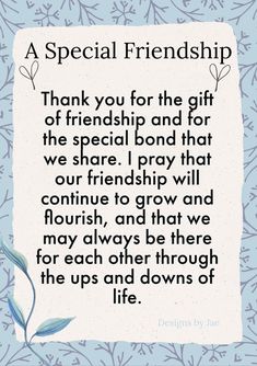 a blue and white card with the words, a special friend thank you for the gift of