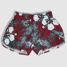 Speckled gray with red leaves and white hibiscus/plumeria/gecko pattern. Made of 100% microfiber polyester. Designed and shipped from Hawaii and made in Vietnam. Colors and fabric may vary from picture depending on cut. Red Printed Bottoms For Vacation, Red Floral Print Beach Bottoms, Red Floral Print Beach Shorts, Summer Floral Print Red Bottoms, Red Floral Print Bottoms For Beach Season, Red Floral Print Summer Bottoms, Red Printed Summer Bottoms, Red Floral Print Short Length Bottoms, Casual Red Printed Swimwear