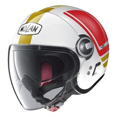 a white helmet with red, yellow and blue stripes