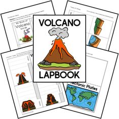 four volcano lapbook pages with pictures of the volcano and other things in front of them