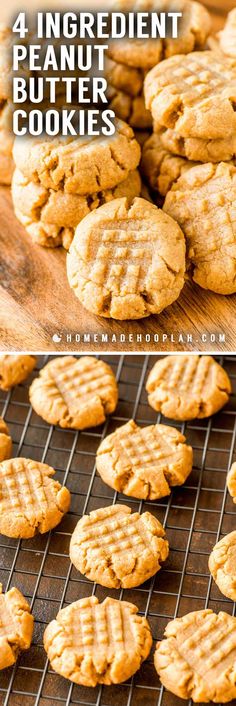 peanut butter cookies cooling on a rack with the words, 4 ingredient peanut butter cookies