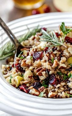 a white plate topped with rice and cranberries