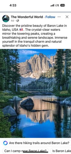 an image of a lake surrounded by trees and mountains with the caption above it