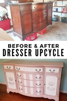 before and after dresser upcycle with text overlay that reads, before & after dresser upcycle