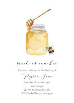 a watercolor painting of a honey jar with a bee on it