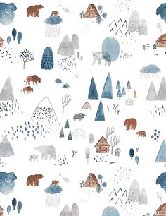 a pattern with bears and trees on it