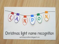 a christmas light name recognition card is hanging on a string with the word candy spelled out