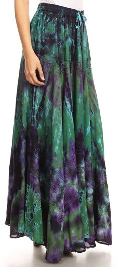 One size regular: Waist 25"min - 40"max (63-102 cm), Length 38" (76cm).US 0-18W, EU 30-48, UK 6-22. Shell: Light material with tie-dye. Made with pre-shrunk rayon. Care: Hand wash cold, hang dry. Made in India. Absolutely gorgeous full circle skirt, perfect for casual wear, dancing, events and traveling. Made with medium weight material, this skirt feels substantial. Featuring an elastic waist and cascading panels with crochet lace ribbon and metallic embroidery. Flowy and very comfortable to we Crochet Lace Ribbon, Shell Light, Tie Dye Maxi Skirt, Tie Dye Hippie, Metallic Embroidery, Hippie Style Clothing, Full Circle Skirts, Womens Tie, Boho Maxi