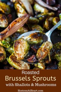 roasted brussel sprouts in a skillet with a spoon