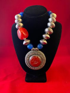 Statement Necklace with exquisite pendant & silver glass beads Buddha Pendant, Carnelian Stone, Memphis Tn, Silver Glass, Pendant Silver, Beaded Necklaces, Stone Pendant, Chain Styles, Stone Pendants