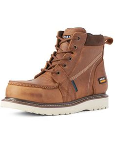 Ariat Womens Rebar Wedge Waterproof Work Boots - Composite Toe, Brown Moc Toe Boots, Toe Boots, Get Directions, Leather Fabric, Work Boots, Leather And Lace, Full Grain Leather, Combat Boots, High Top Sneakers