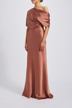 The Slouch Dress - Fluid Satin off-one-shoulder draped bodice gown with bias column skirt. Shown in Sienna, Black, Champagne, Navy, Fuchsia, Jade, Gold, Hunter, Ice, Lipstick-Red, French-Blue, Olive, Petrol, Slate, and Truffle. It is possible to have this style Made-to-Order in any of our standard Fluid Satin colors, please reach out to customerservice@amsale.com to place an order. Fall Mother Of The Bride Dresses, Ice Lipstick, Mog Dresses, Satin Colors, Amsale Dress, Mother Of Bride Dress, Rose Gold Dress, Draped Bodice, Red French