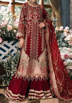 Pakistani Branded Dresses, Pakistani Dress Design Ideas, Batik Print Dress, Hand Embellishment, Dupion Silk Saree, Wine Colour, Indian Anarkali, Anarkali Lehenga, Organza Shirt