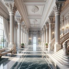 an elegant hallway with marble floors and columns