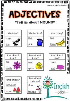 an adjective poster with words and pictures to help students learn how to use them