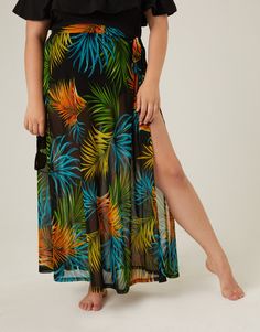 Curve Tropical Print Tie Skirt Plus Size Bottoms -2020AVE Sarong Style, Tie Skirt, Palm Leaves Print, Bathing Suit Covers, Bathing Suit Cover Up, Tropical Palm, Style Skirt, Mesh Material, Printed Ties