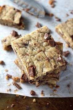 chocolate chip cookie bars stacked on top of each other